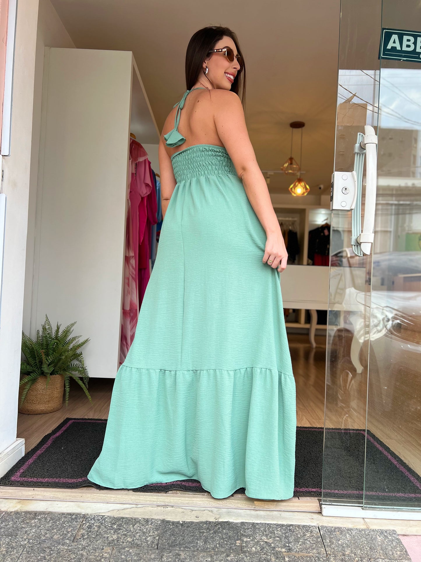Vestido longo verde amarração