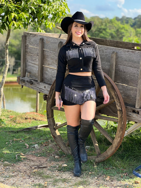 Conjunto jaqueta e saia franja preto
