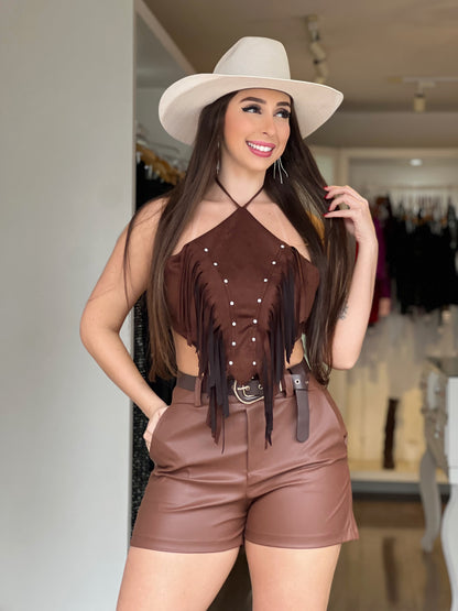 Cropped franja marrom