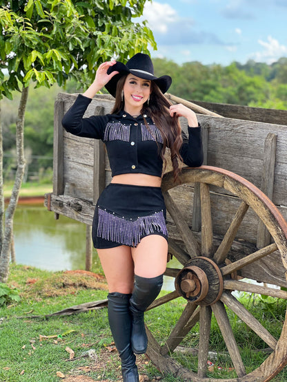 Conjunto jaqueta e saia franja preto