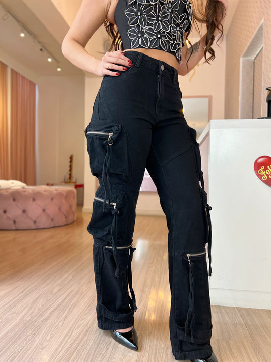Calça jeans cargo preta