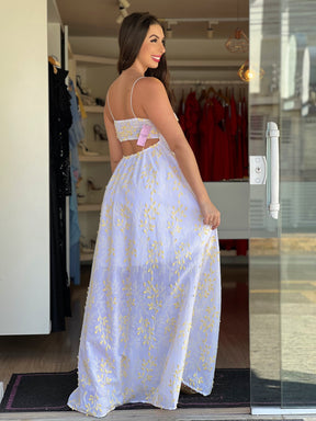 Vestido longo lese branco e amarelo