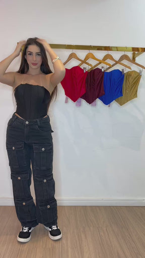Cropped corset acetinado